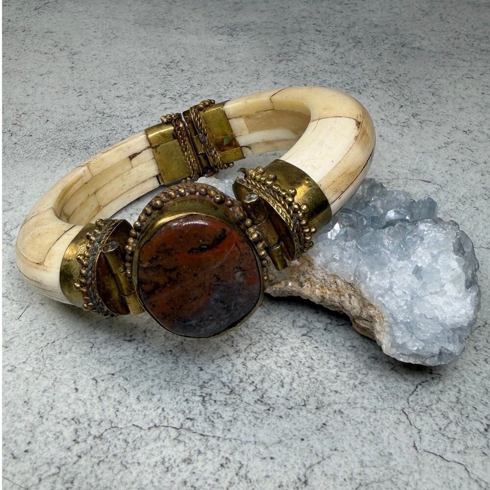 Vintage Bone & Stone Brass Clamper Bracelet Boho Tribal Statement Pin Clasp